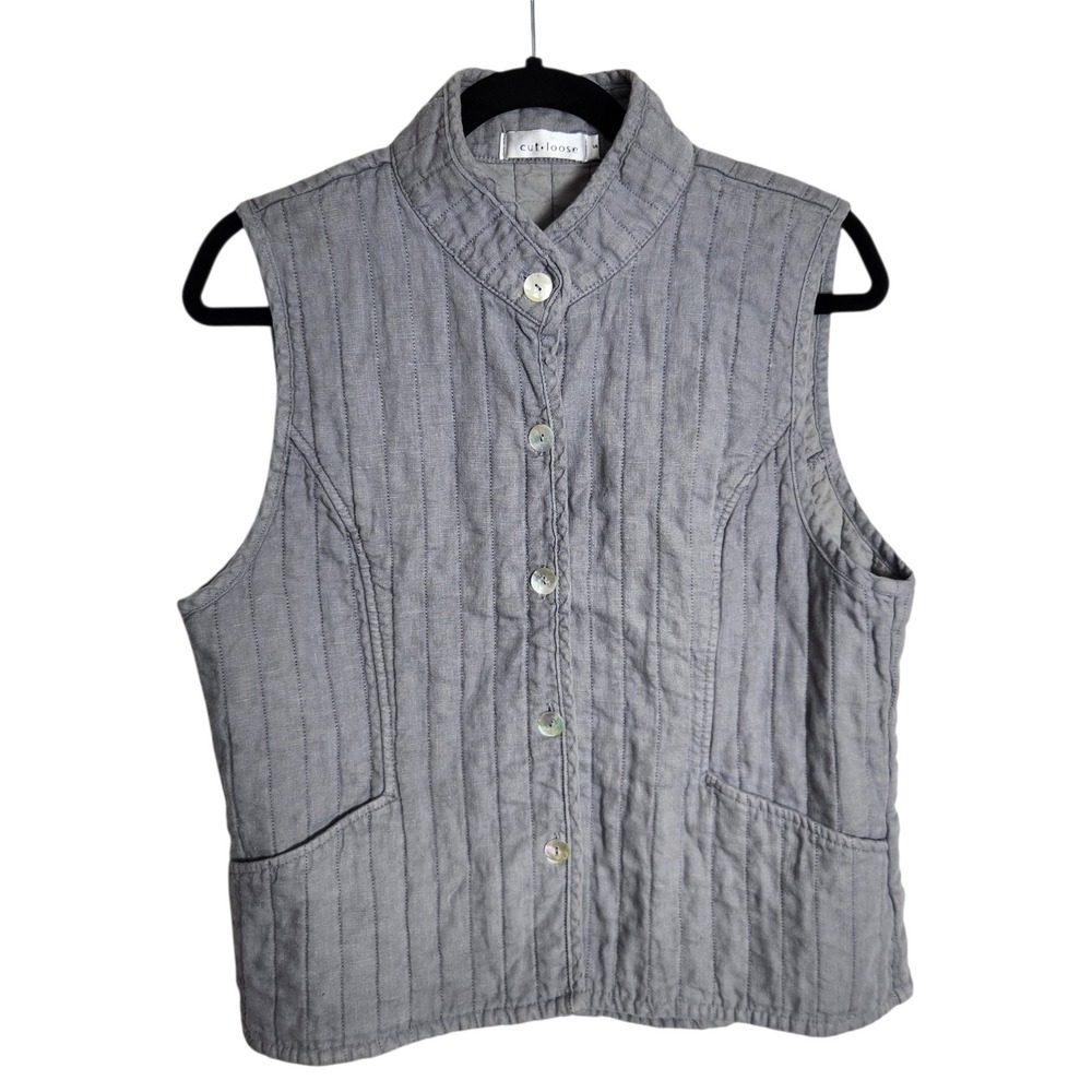 Cut Loose Womens Gray Quilted Linen Button Front Vest Mock Neck Made in USA S